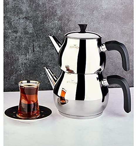 Karaca Kayra Schwarzes Türkisches Teekannen-Set, Induktionsgeeignet, 1L Teekanne & 1.75L Teekessel aus Edelstahl, Spülmaschinenfest, Türkische Teekanne, Teekocher, Tea Maker, Caydanlik, Demlik