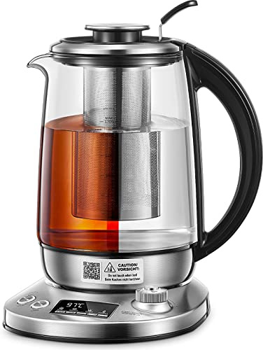 Glas Wasserkocher Mit Temperatureinstellung 40°C-100°C, 2200W Elektrischer Teekocher Mit Herausnehmbarem Tee-Ei, 2 Stunden Warmhaltefunktion, 1.7L (Silber)