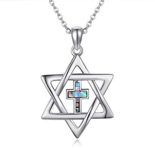 JERWLI Davidstern Halskette 925 Sterlingsilber Kreuz Davidstern Anhänger Abalone Muschel Halskette Jüdische Religiöse Schmuck Geschenke für Frauen Männer
