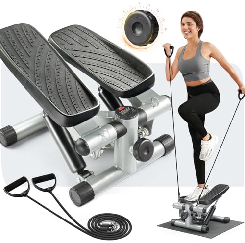 LEADZM Mini Stepper Mit Silent-Pad für Zuhause, 2 in 1 Fitness Stepper mit Gummiband, LCD Display, Timer, Kalorienzähler, Up-Down-Stepper für Bein/Arm Trainer, Schwarz und Silber