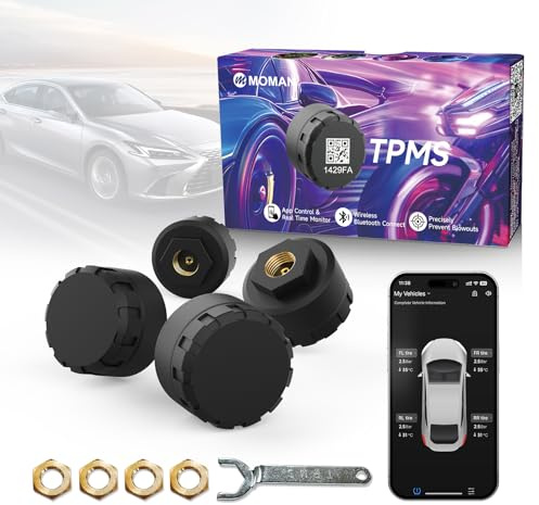 Moman Motorrad TPMS 4 Sensoren Reifendruck-Kontrollsystem mit App, Reifendruck & Temperatur Monitor mit Alarmfunktion, Nur iOS & Android Kompatibel​​
