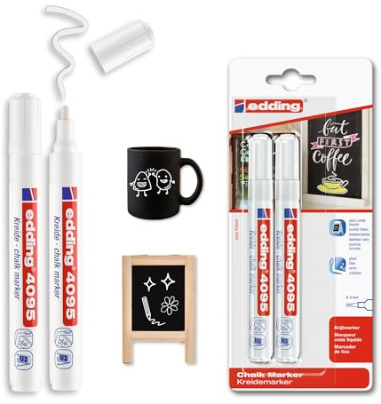 edding 4095 Kreidemarker - weiß - 2 Kreidestifte - Rundspitze 2-3 mm - Kreidestift für Tafel abwischbar - zum Beschriften von Fenster, Glas, Spiegel - Tafelstift mit deckenden Farben