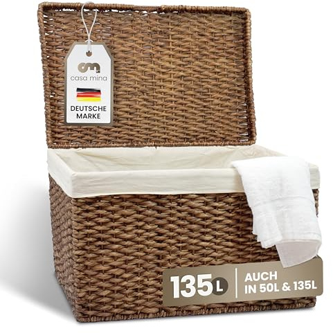 Casa Mina® Wäschetruhe mit Deckel 70 x 44 x 45cm hoch I Atmungsaktiver Aufbewahrungskorb geflochten aus 100% Naturfaser I Robuster Wäschekorb mit Griffen & waschbarem Innensack I Truhe - Bali