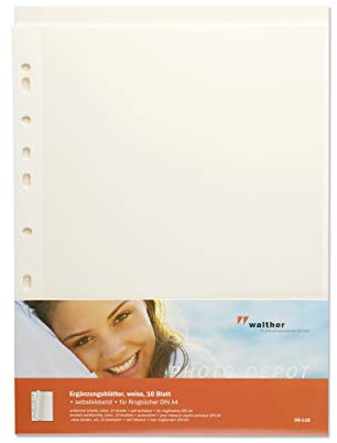 Walther Fotoblätter | Selbstklebender Fotokarton | weiß | 23,0 x 29,7 cm | 50 Blatt, beidseitig selbstklebende Fotoblätter für Ringalben, säurefreier Karton mit glasklarer Schutzfolie, DS-118