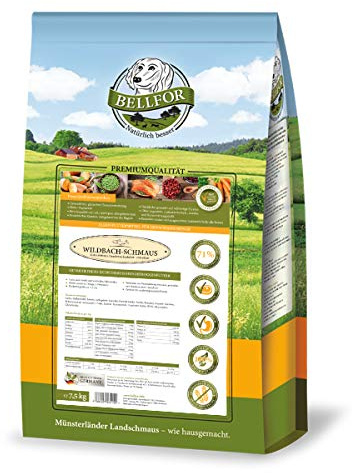 Bellfor Wildbach-Schmaus Getreidefreies Trockenfutter mit Lachs- und Forellengeschmack 7,5 kg - ideal für mittelgroße Hunderassen