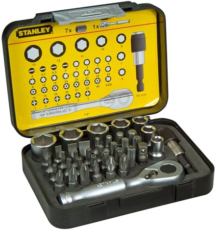 Stanley 1/4" Bit-Satz 39-teilig mit Mini-Umschaltknarre und Steckschlüsseln, Schwarz