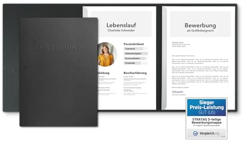 10 Stück 3-teilige Bewerbungsmappen Schwarz mit 2 Klemmschienen in feinster Lederstruktur - hochwertige Prägung ''BEWERBUNG'' - direkt vom Hersteller STRATAG