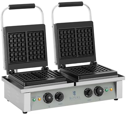 Royal Catering - Waffeleisen Waffelautomat Doppelt (rechteckig, 37 x 62,5 x 50 cm, 2x 2.000 W, 10 x 17 cm Waffel, 15 min Timer, Gusseisen & Emaille, Edelstahlgehäuse) Silber