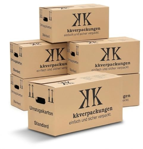 KK Verpackungen 30 Umzugskartons | Exklusiv: Griff-Verstärkungsfaden | 65 Liter, extra groß, 63x29x33 cm Umzugskisten, Nachhaltig, Beschriftungsfeld groß, Aufbewahrungsbox für schwere Lasten & Archiv