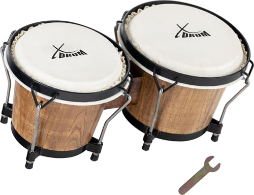 XDrum PERC Bongos Club Weinrot - 2 Trommeln mit 6 und 7 - Bongotrommeln mit stimmbaren Naturfellen und Stimmschlüssel - Holztrommeln Tobacco