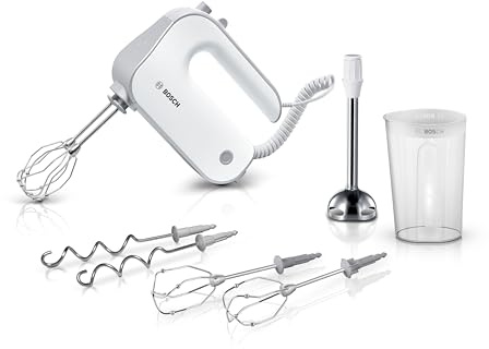 Bosch Handrührer Styline MFQ4075DE, 2 Rührbesen, 2 Edelstahl-Knethaken, spülmaschinengeeignet, Pürierstab, Mixbecher, 5 Stufen plus Turbostufe, 550 W, weiß/silber