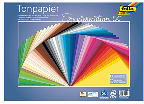 folia 67/50 99 - Tonpapier Mix, ca. 50 x 70 cm, 130 g/m², 50 Blatt sortiert in 50 Farben, zum Basteln und kreativen Gestalten von Karten, Fensterbildern und für Scrapbooking