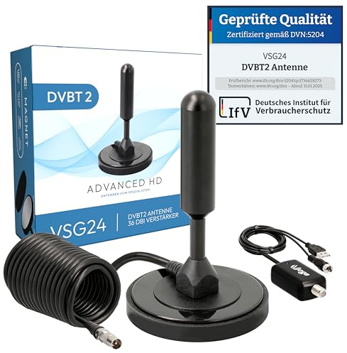 VSG24 DVB-T2 Antenne HDTV Zimmerantenne mit Verstärker 36 dB – Innen & Außen TV Antenne mit 5m Kabel, Magnetfuß, Aluminiumkern – für Fernseher, Receiver & freenet TV