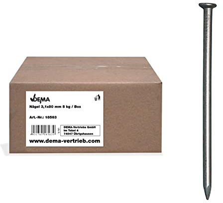 DEMA Stahlnägel 3,1 x 80 mm – 5 kg Box, Senkkopf blank, Stahlstifte/Drahtstifte für Holz & Bauprojekte