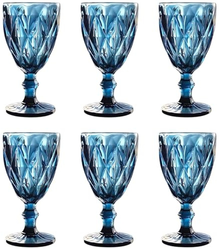 Vintage 6er-Set Farbige Weingläser und Trinkgläser mit Diamant Muster (Rombus) Longdrinkgläser, Cocktail Gläser mit Prägung, Glas, Trinkglas, Weinglas, Wasserglas, Glaskelche (Blau Weinglas)