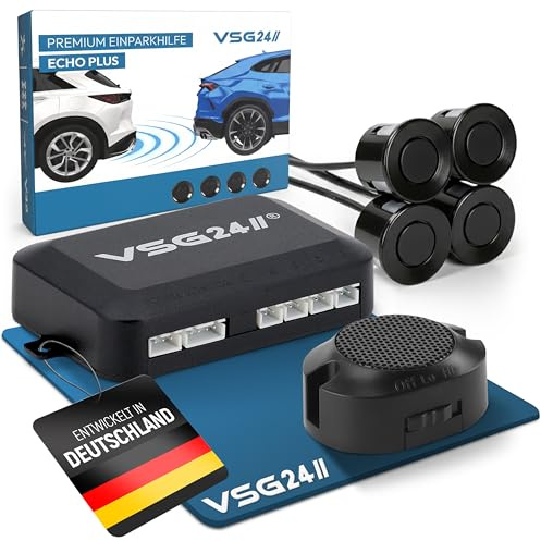 VSG24 Einparkhilfe Set hinten mit 4 Sensoren – robuste PDC Parkhilfe für Auto, SUV & Transporter – akustischer Rückfahrwarner, 30–150 cm Reichweite – 12V Nachrüstsystem