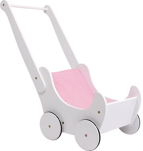 small foot 2020368 2864 Holzpuppenwagen in weiß, schönes, geschwungenes , mit Gummireifen für leise Laufgeräusche