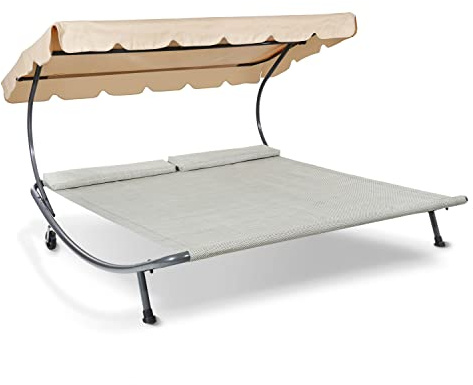 LECO Outdoor-Doppelliege Original – Sonnenliege, Gartenliege mit Sonnendach für zwei Personen wetterfest - Gestell natur