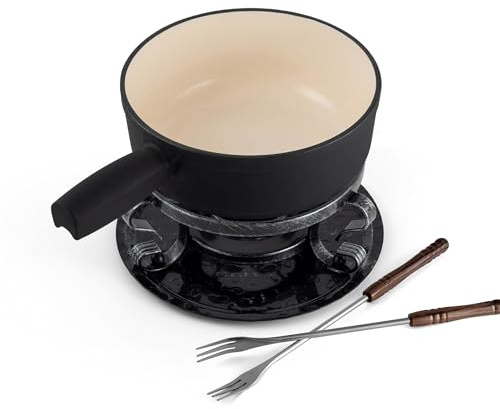 Swissmar KF-66513 Lugano Fondue Set 9-teiliges, Gusseisen/Edelstahl, Mattschwarz, 2L, Fondue-Set für Fleisch, Käse und Schokolade, für 4 Personen, Geschenkset