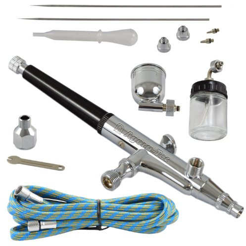 Agora-Tec® AT- Double Action Airbrush Pistole Kit AT-AK-02 mit 1,8 m Schlauch und 3 verschiedenen Düsen und Nadeln (0,2 mm 0,3mm 0,5 mm)