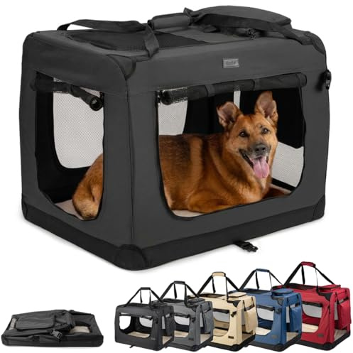 lionto Hundetransportbox, Faltbar, für Reise & Auto, 82x58x58 cm, Schwarz | Stabile Hundebox aus Stoff mit Netzfenstern, Tragegriffen, weicher Decke & Taschen, für Katzen & Hunde bis 18 kg geeignet