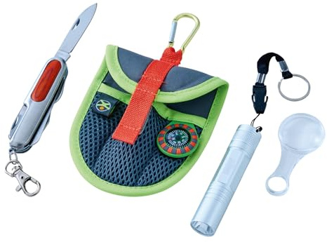 HABA Terra Kids Forschertasche – Entdecker Set & Outdoor Spielzeug mit Taschenmesser, Lupe, Kompass & LED-Leuchte inkl. Alu-Karabiner für Kinder ab 6 Jahren