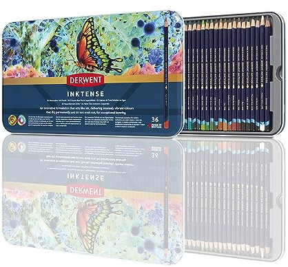 Derwent Inktense Permanent Wasserlösliche Aquarellstifte, 36er Set, Buntstifte mit 4 mm Premium Kernstärke, Ideal zum Zeichnen, Kolorieren und Malen auf Papier oder Stoff, Profiqualität, 2301842