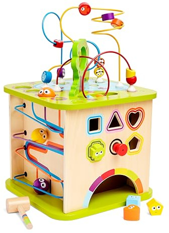 Hape Motorikwürfel „Kleine Tierchen“ - aus Holz, Multifunktions-Spielwürfel, Lernspielzeug aus Holz für Kleinkinder, fünfseitiges Busy Board, Montessori Spielzeug für Kinder ab 1 Jahr