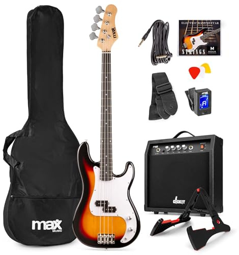 MAX GigKit Bassgitarre Set, E Bass Gitarre, Bass Guitar mit Gitarrenverstärker, Tasche, Stimmgerät, Plektren, Ständer, Gurt, Kabel und Ersatzsaiten - 21 Bünde - Sunburst