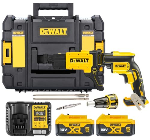 DeWalt Akku-Trockenbauschrauber/Schnellbauschrauber (18 Volt, 5.0 Ah, bürstenlos, inkl. Magazinvorsatz DCF6201, 2x XR Li-Ion Akkus, System-Schnellladegerät, Tstak Box II), DCF620P2K