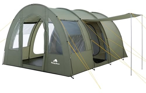 CampFeuer Zelt TunnelX für 4 Personen | Olivgrün | Tunnelzelt mit 3 Eingängen, 5000 mm Wassersäule | Vernähte Bodenplane, Moskitonetz, Sichtschutz | Gruppenzelt, Campingzelt, Familienzelt