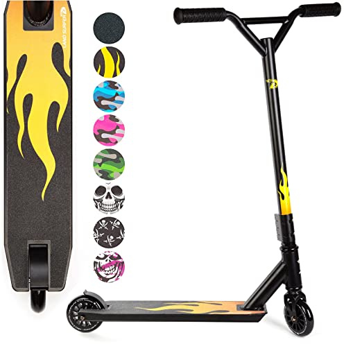 Land Surfer Stunt Scooter - Stunt Roller für Kinder ab 8 Jahren und Junge Erwachsene mit 360 Grad Deck, 100 mm High PU-Räder mit ABEC-9 Kugellager und Geschenkbox - Flamme
