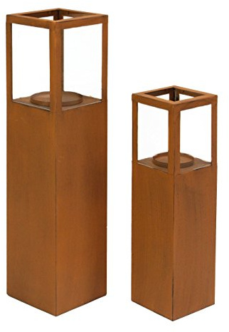 FRANK FLECHTWAREN Windlichtsäule Trend 2er Set, Metall Rost mit Glas | Windlichtsäulen aus Metall in Rostdesign mit je 4 Glaseinsätzen, zwei Höhen bis 74 cm, innen und außen einsetzbar