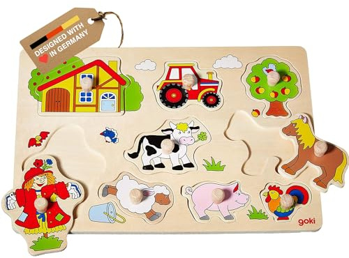 goki 57995 - Bauernhof V| für Kinder Holzpuzzle mit Traktor und Hoftieren Pferd, Schwein, Schaaf, Hahn, Kuh, Natürlicher Holzhintergrund, 9er Set, ab 1 Jahr