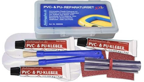 fishingglue.de PVC- & PU-Reparatur Set XXL, Plastik- Flickzeug (Vinyl, PVC, PU) Wasser-& UV-beständig für Schlauchboot Zelt Pool Gewebe Plane Markise Isomatte Luftmatratze bis 60°C wärmestabil