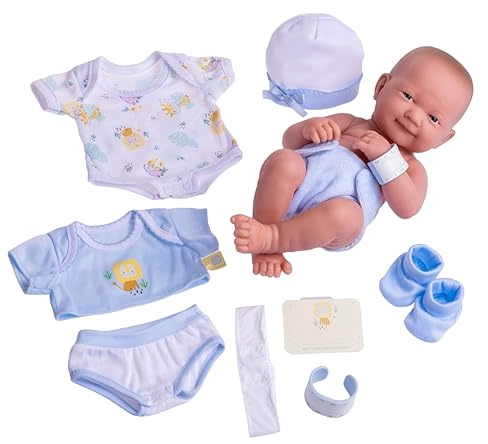 JC Toys- La Newborn Neugeborene Puppe, 38 cm, weiches Vinyl, mit Kleidung und 8 Accessoires, blau, entworfen in Spanien von Berenguer, +2 Jahre alt