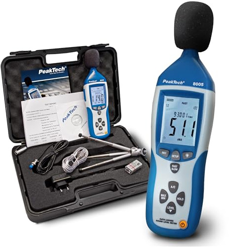 PeakTech P 8005 – Hochpräzises Schallpegelmessgerät Klasse 2 30-130 dB – Kalibriertes Dezibel Messgerät mit Aufzeichnung (32.000 Messwerte) – Lautstärke Messgerät mit USB Anschluss und AC/DC-Ausgängen