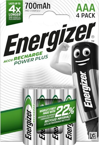 Energizer Recharge Power Plus - AAA Akkus (4 Stück) -700 mAh NiMH Batterien - Bis zu 5 Jahre nutzbare Batterielebensdauer - Bis zu 1000 mal wiederaufladbar - 100% plastikfreie Recycelbar Verpackung