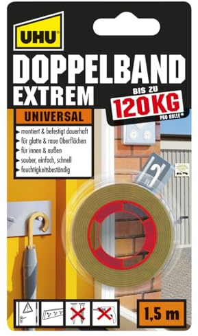 UHU Doppelband Extrem, Extrem hohe Klebekraft von 120 kg/Rolle, 1,5 m x 19 mm
