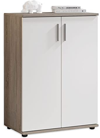 BOBBY Kommode Sideboard in Eiche Sonoma dunkel 60 x 82 x 35 cm (B/H/T) | Modernes Sideboard mit Türen und Schubladen, Griffe in Alu-Optik, viel Stauraum für den Wohnbereich