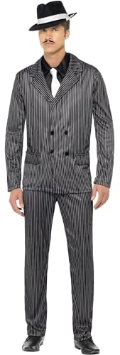 Smiffys, Herren Gangster Kostüm, Nadelstreifen-Jacke und Hose, Hemdfront und Krawatte, Größe: L, 23687