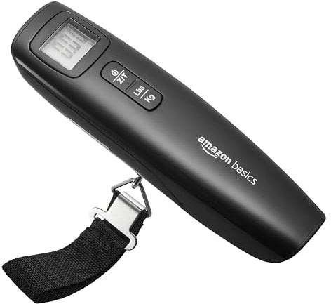 Amazon Basics Tragbare Digitale Kofferwaage mit Haken, Tara-Funktion und Einheitenumrechnung – Präzise Gewichtsmessung bis 50 kg, Praktisch für Reisen,Einheitsgröße, Schwarz