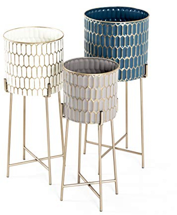 HAKU Blumensäule 3er Set Creme, Gold, Petrol, Taupe, Metall - Maße: H 59/64/70 x Ø 22/26/29 cm, Style: Art Deco