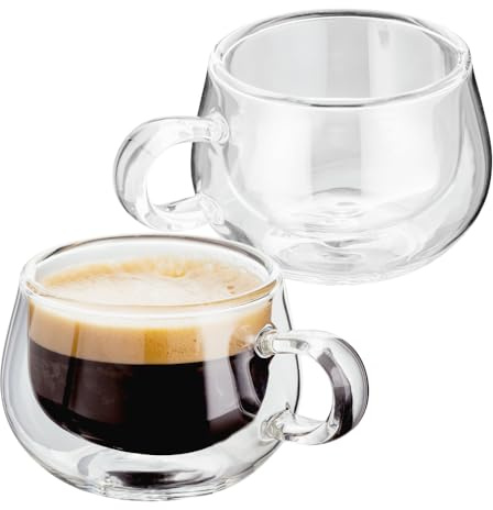 JUDGE 2er-Set Doppelwandige Glas-Espressotassen | Kaffeegläser mit Henkel | Vakuumisolierte Gläser | Kaffee Gläser | Kunsthandwerklich Gefertigt | Stabil, Spülmaschinenfest & Hitzebeständig | 75 ml