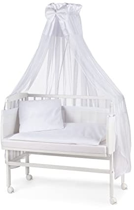 Waldin Baby Beistellbett mit Matratze und Stoffen, Höhen-verstellbar, Große Liegefläche 90x55cm, Weiß Lackiert, Weiß