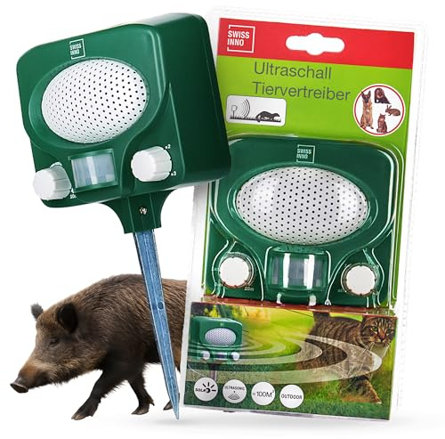 SWISSINNO Ultraschall-Tiervertreiber mit Solarpanel – Bewegungsaktivierter Abwehrschutz für Garten – Erfassungsbereich bis 100 m² – Zur Abwehr von Katzen Hunden Mardern und Wildtieren
