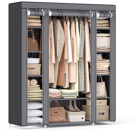 SONGMICS Kleiderschrank, Stoffschrank, 12 mit Kleiderstange und Ablagen, Stabiler Schrank, für Schlafzimmer, Ankleidezimmer, 150 x 45 x 175 cm, grau LSF03G