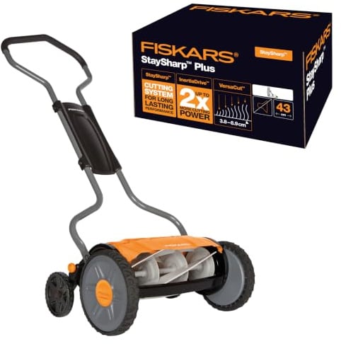 Fiskars Spindelmäher, Rasenmäher mit berührungslosem Schneidesystem | Schnittbreite: 43 cm, StaySharp Plus, Schwarz/Orange/Silber, 1015649