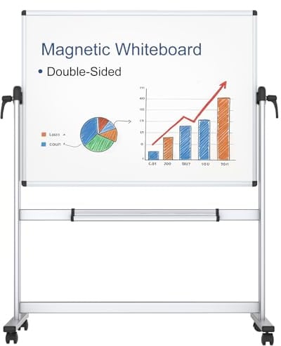 VIZ-PRO Drehbares Mobiles Whiteboard 120 x 90 cm, Doppelseitig Magnetisch | mit Aluminiumrahmen, Rollen und Ständer, Trocken Abwischbar, ideal für Büro, Heim und Schule