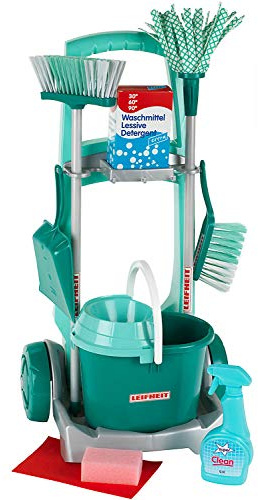 Theo Klein 6562 Leifheit Besenwagen mit robustem Zubehör | Inkl. Wischmop, Eimer, Besen u.v.m. I Maße: 29 cm x 24 cm x 60 cm I Spielzeug für Kinder ab DREI Jahren
